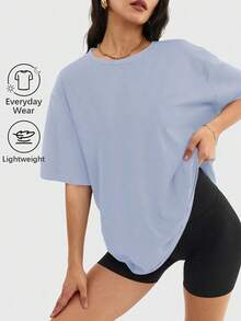 Camiseta holgada para mujer de manga corta y cuello redondo, camisa casual estilo Y2K, básica para deportes de verano - Niebla azul - Ver 5