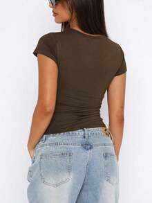 Camiseta De Verano Para Mujer unicolor De Cuello Redondo Y Manga Corta De Ajuste Delgado - Marrón - Ver 2