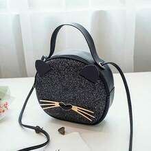 1pc Girls' New Leopard Print Bag, PU Leather Cat Phone Pouch, Cute & Fashionable Small Round Bag, Great Gift - Black - View 8