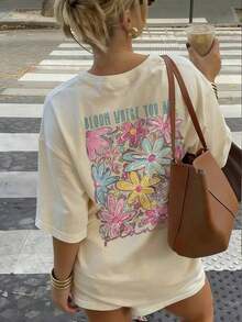 Camiseta de mujer con estampado de letras de cuello redondo y manga corta, estilo casual y versátil para vacaciones, adecuada para uso diario, vacaciones y moda de verano - Albaricoque - Ver 1