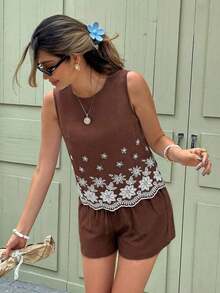 Set de 2 piezas de top sin mangas y shorts para mujer, de moda para el verano - Marrón - Ver 7