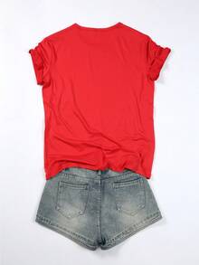 Women's Best-Selling T-Shirt With An Artistic Lion And Rose Print, Short Sleeves, And A Round Neck. Casual, Comfortable, Stylish, And Versatile, Suitable For Spring, Summer, And Autumn. Features An Optimistic Design And Stretchy Fabric. - [紅色的] - 查看 2