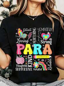 Camiseta de manga corta para mujer, cuello redondo, colorida, con estampado gráfico: Paciente, Amable, Cariñoso, Empático, Fuerte, Gentil, Solidario, Cálido, Atento, Dedicado, Confiable. Diseño para maestros y cuidadores. Regalo para el Día del Agradecimiento al Maestro. Verano. - Negro - Ver 1
