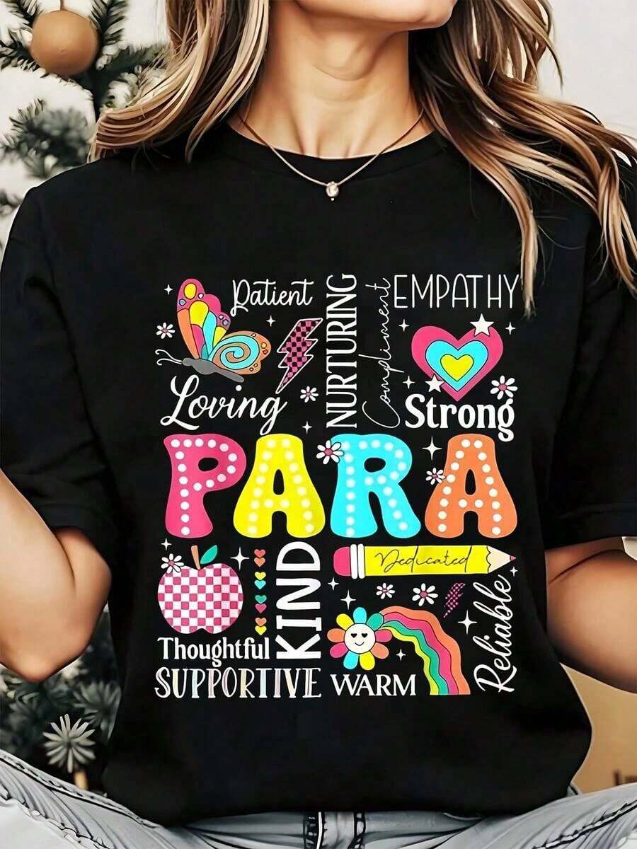 Camiseta de manga corta para mujer, cuello redondo, colorida, con estampado gráfico: Paciente, Amable, Cariñoso, Empático, Fuerte, Gentil, Solidario, Cálido, Atento, Dedicado, Confiable. Diseño para maestros y cuidadores. Regalo para el Día del Agradecimiento al Maestro. Verano. - Negro - Ver 1