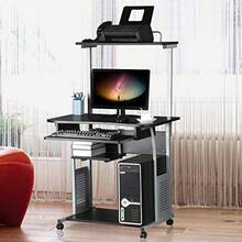 2 Tier Rolling Computer Desk W/Keyboard Tray And Printer Shelf Stand Study Table Corner Desk For Small Space Black - 1 - View 2