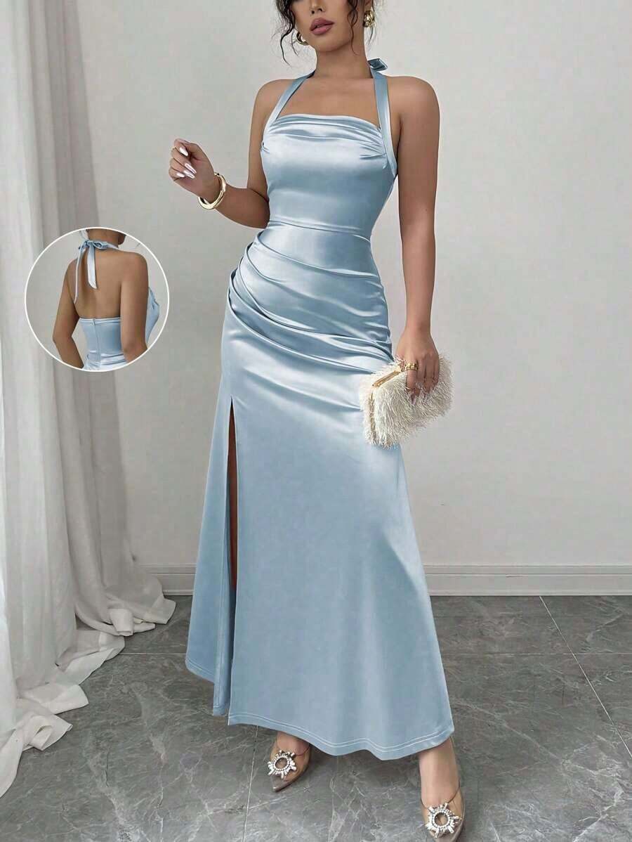 Vestido camisero elegante de color champagne, con tela de satén elástica y abertura lateral de largo maxi - Celeste - Ver 1