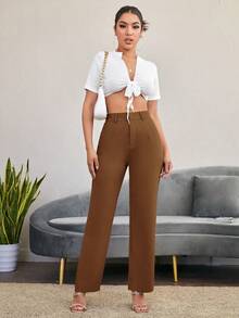 Pantalones rectos casuales lisos para mujer, para uso diario en otoño/invierno - Marrón 2 - Ver 3