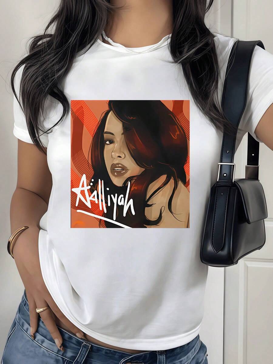 Artistic Portrait Of A Woman Amidst Red Lights, Symbolizing Strength, Independence, And Passion Reflected In Her Gaze, With Soft Strokes And A Modern Geometric Background. Elegant Casual Women's T-Shirt For Everyday Wear. - 白色 - 查看 1