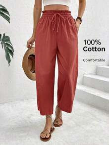 Pantalones casuales de mujer con cintura con cordón a cuadros - Color caoba - Ver 1