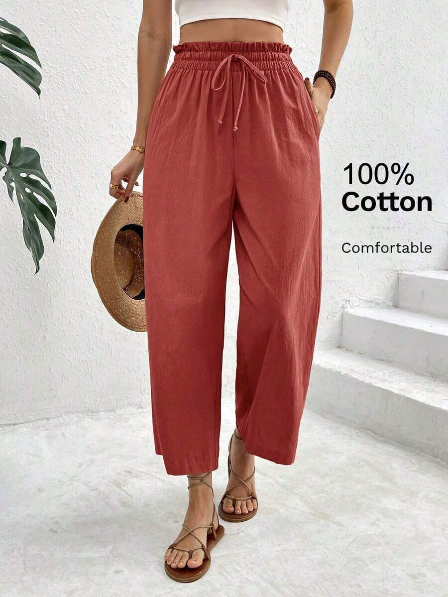 Pantalones casuales de mujer con cintura con cordón a cuadros - Color caoba - Ver 1