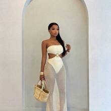 BamGlam Women's Sexy Hollow Out Fishnet Design Strapless Vacation/Date Dress - Amarillo - Ver 8