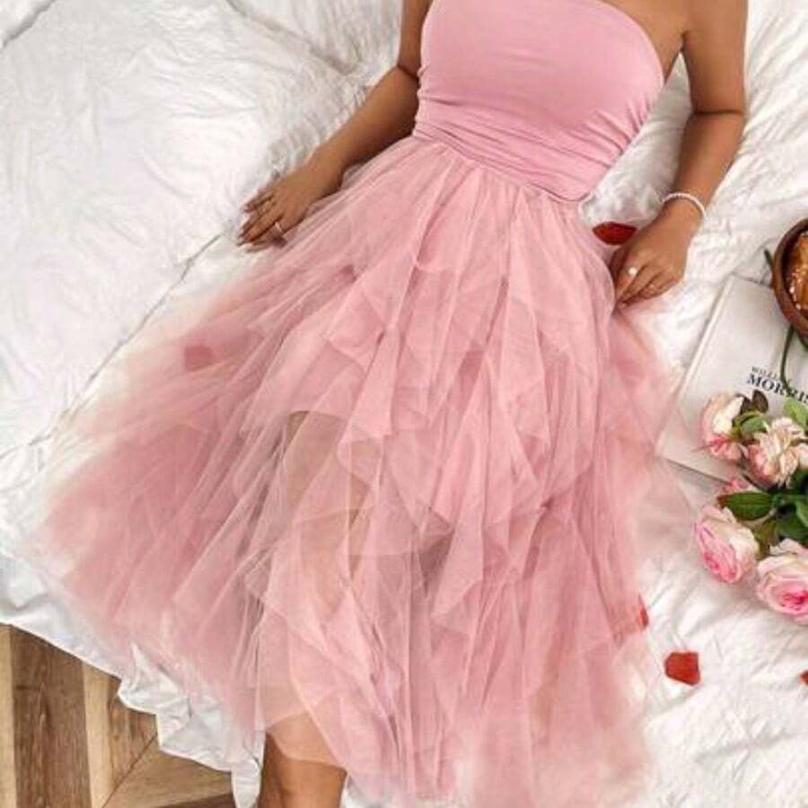 Raffinéa Women's Solid Color Mesh Panel Strapless Dress Maxi Women Outfit - Rosa Pálido - Ver 1