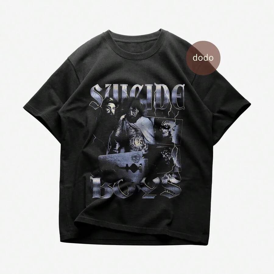 None S Uicideboys Lightning Collage Print Crew Neck T-Shirts Casual Wear - 黑色 - 查看 1