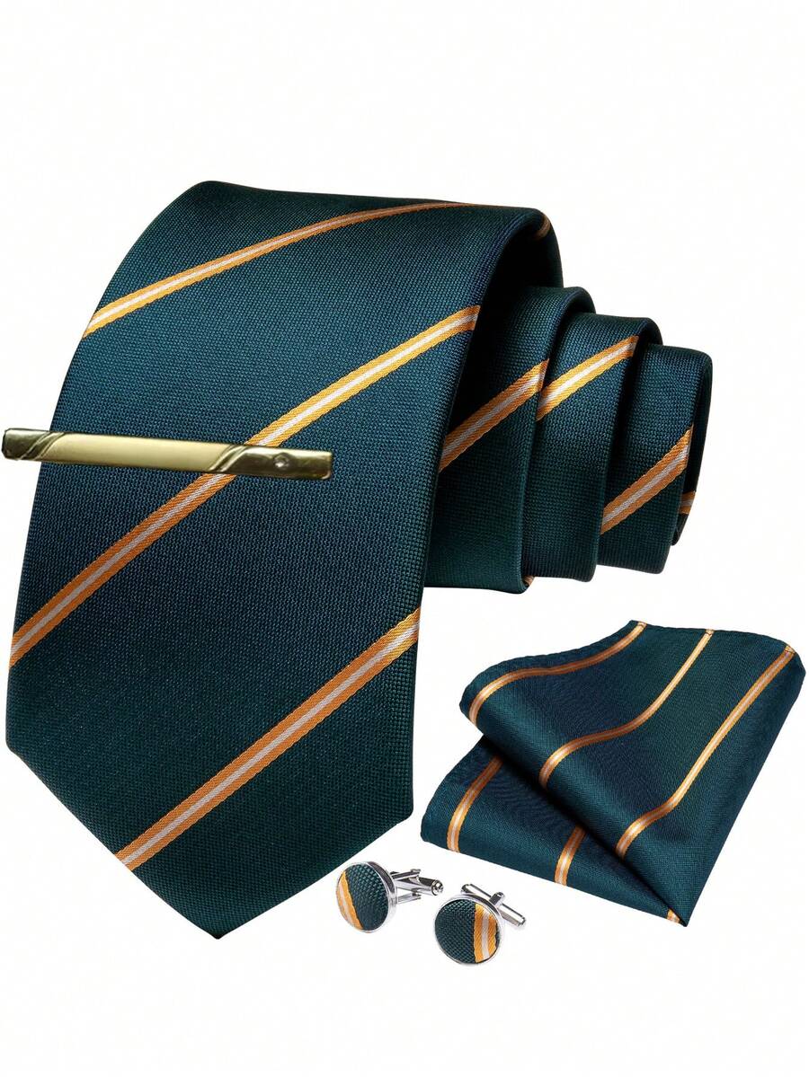 Juego de corbata a rayas verdes y doradas para hombres - Incluye pañuelo de bolsillo, gemelos y pinza de corbata dorada, elegante para negocios y ocasiones formales, accesorios, regalo del Día del Padre - Verde - Ver 1