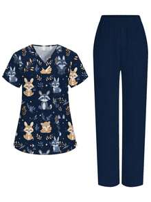 Conjunto de 2 piezas con top de manga corta con cuello en V blanco con bolsillo y diseño de oreja colgante, estampado de mariposa y flores, y pantalón recto para mujer, uniforme de enfermera de primavera/verano, conjunto casual, uniforme - Azul - Ver 3