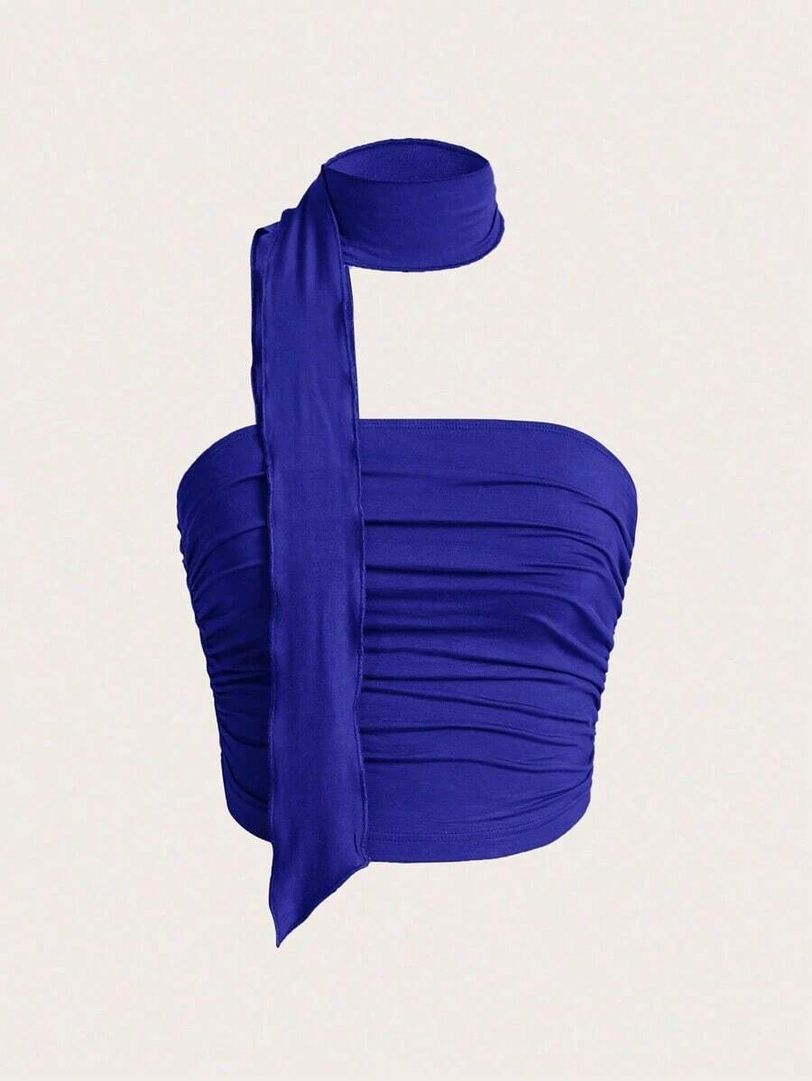 Parte superior de punto fruncida de unicolor + Gargantilla, Primavera/Verano, Parte superior elegante, Parte superior para salir, Playa, Campo, Parte superior casual, Elegante, Ropa de cumpleaños, Parte superior estilo bohemio, Parte superior f - azul real - Ver 1