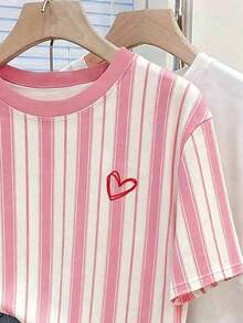 Camiseta de mujer talla grande con estampado digital a rayas de colores y bordado de fresa, regalo para amigos - Multicolor 2 - Ver 3