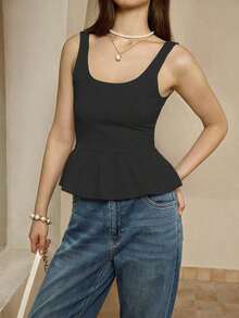 Camiseta sin mangas ajustada al Body con ribete de volantes cuadrado y diseño empalmado de un solo color para mujer en verano - Negro - Ver 7