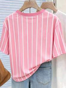 Camiseta de mujer talla grande con estampado digital a rayas de colores y bordado de fresa, regalo para amigos - Multicolor 3 - Ver 2