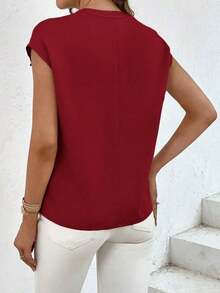 Camisa casual de mujer de unicolor con cuello en V, abotonadura sencilla y bolsillo - Burdeos 2 - Ver 2