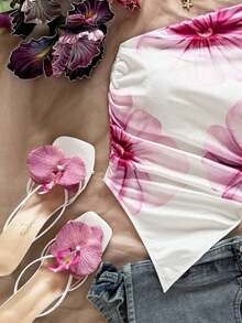 Blusa de estilo vacacional minimalista y casual con estampado floral rosa para mujer, adecuada para el verano - Multicolor 3 - Ver 4