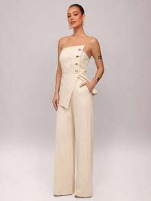 Set de 2 piezas: Top con diseño de aro asimétrico con decoración metálica + Pantalones de pierna recta, Uso elegante diario, Atuendo de oficina, Boda, Vacaciones, Cita, Fiesta, Ceremonia de graduación - Albaricoque - Ver 6