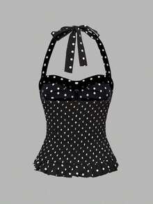 Avant Conjunto de camiseta sin espalda con cuello halter de estilo romántico de vacaciones con lunares y cuadros para mujer - Multicolor - Ver 7