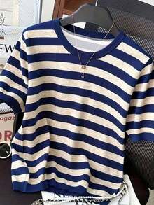 Camiseta de manga corta de cuello redondo a rayas para mujer, de uso versátil y casual para uso diario - Multicolor 6 - Ver 4