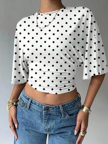 Blusa de verano para mujer con diseño de manga murciélago, cuello redondo, fruncido y estampado floral de tinte de agua en tonos cálidos, ideal para playa/vacaciones, un look casual, minimalista y elegante - Blanco y Negro - Ver 10