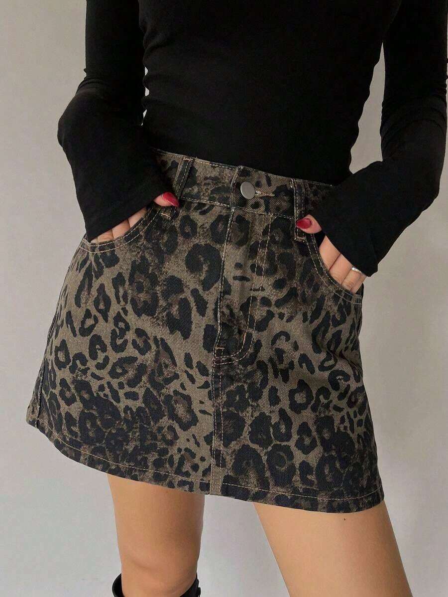 Falda vaquera casual con botones delanteros y bolsillos con estampado de leopardo - Marrón 6 - Ver 1