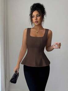 Blusa elegante de cuello cuadrado sin mangas para mujer, adecuada para la oficina, el transporte, el té de la tarde, las fiestas, las vacaciones y ocasiones casuales - Marrón - Ver 3