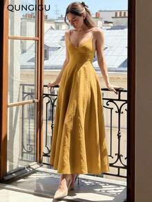 Vestido midi elegante de mujer con cuello en V, vestido de tirantes de mezcla de lino con corte evasé y espalda descubierta, adecuado para vacaciones, playa, boda, fiesta de cóctel - Amarillo - Ver 2