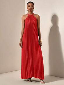 Vestido holgado de verano y primavera casual de vacaciones de cuello halter sin mangas con pliegues y bajo en A, color verde oscuro - vestido para mujer - Rojo - Ver 5