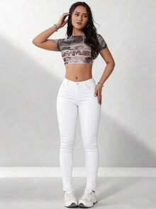 Jeans vaqueros de mujer ceñidos con bolsillos, informales y versátiles - Blanco - Ver 4