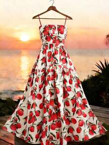 Vestido casual de mujer con estampado de limón sin mangas para vacaciones - Rojo - Ver 4