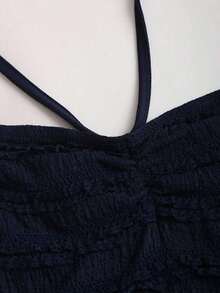 Vestido corto de verano para mujer con cuello halter, nudo en la cintura y volantes - Azul marino - Ver 3