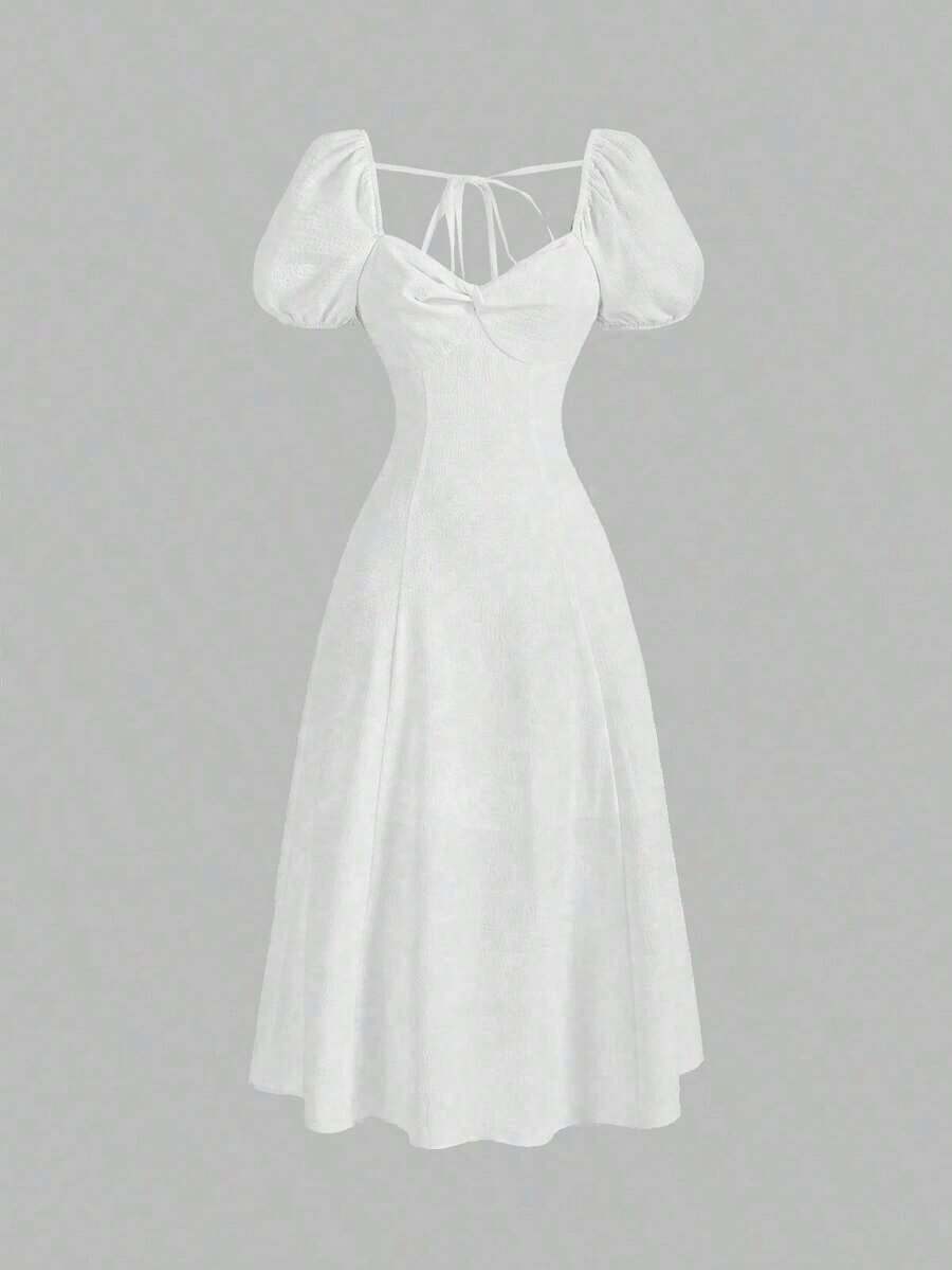 MOD Vestido de verano elegante de mujer de unicolor con mangas abullonadas y cintura ceñida - Blanco - Ver 1