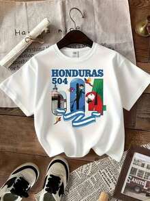 Camiseta de manga corta con temática de Honduras para mujer - Blancarte superior de verano casual con estampado de la bandera de Honduras y puntos de referencia (Torre de Antigua Guatemala, granos de café) - Camisa ligera de primaverara vacaciones, recuerdo de vie o atuendo casual - Ropa exterior/interior Camiseta de mujer 100% aodón Otoño Casual Suave Ligera - Blanco - Ver 2