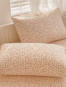 Pink Floral Fitted Sheet Set, Includes 1*Fitted Sheet + 2*Pillowcases, Soft Breathable Mattress Cover With Elastic Band, Romantic Sakura Pink Floral & Golden Butterfly Print, Anti-Slip Deep Pocket Mattress Cover, Pillowcases Without Insert, Suitable For All Seasons, Machine Washable - Pink - View 5