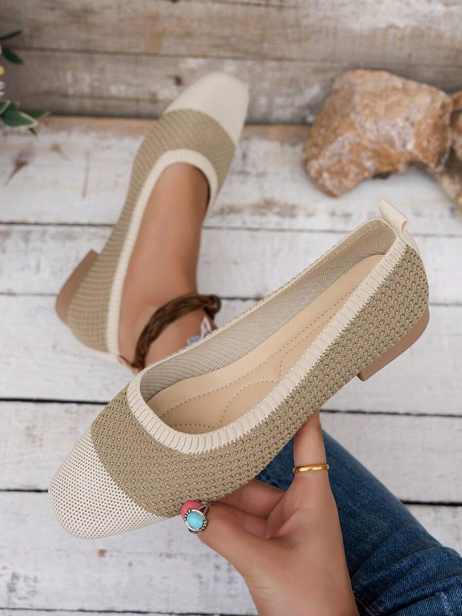 Color Block Square Toe Low Heel Slip-On Shoes, Breathable Knit Granny Shoes, Comfortable Soft Sole Loafers For Women - Khaki - View 1