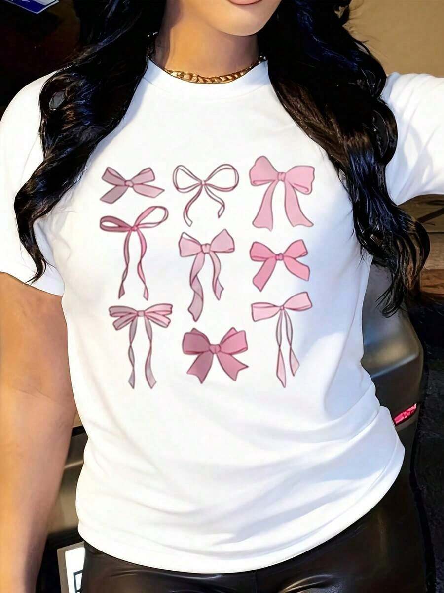 Camiseta de manga corta para mujer con estampado de lazos rosados, diseño de elementos estampados de lazos rosados, colección de camisetas de verano. - Blanco - Ver 1