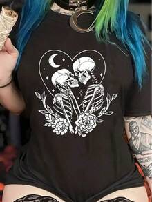 Camiseta Deportiva Gótica con Estampado de Calavera y Flores, Cuello Redondo Manga Corta Casual, Ropa Deportiva para Mujer Mujer estilo gótico estampado gráfico de calaveras holgado cuello redondo manga corta primavera verano casual camisetaPure-Cotton - Negro - Ver 8