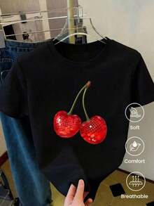 Camiseta de  con Estampado de Bola de Discoteca y Cerezas, Manga Corta Casual, Cuello Redondo, de Algodón, Tejido Suave y Transpirable, Ideal para el Verano, Perfecta para Fiestas, Estilo Y2K, Transpirable y Cómoda. - Negro - Ver 1