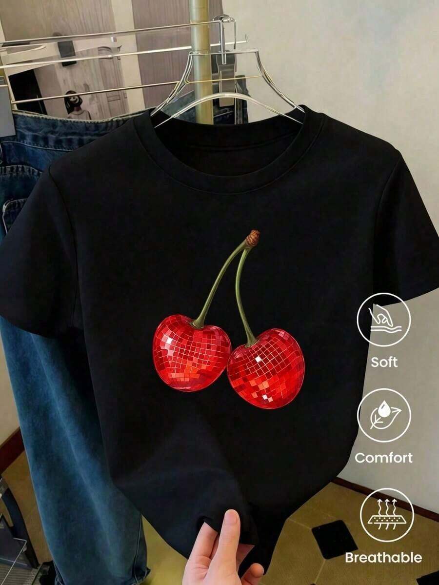 Camiseta de con Estampado de Bola de Discoteca y Cerezas, Manga Corta Casual, Cuello Redondo, de Algodón, Tejido Suave y Transpirable, Ideal para el Verano, Perfecta para Fiestas, Estilo Y2K, Transpirable y Cómoda. - Negro - Ver 1