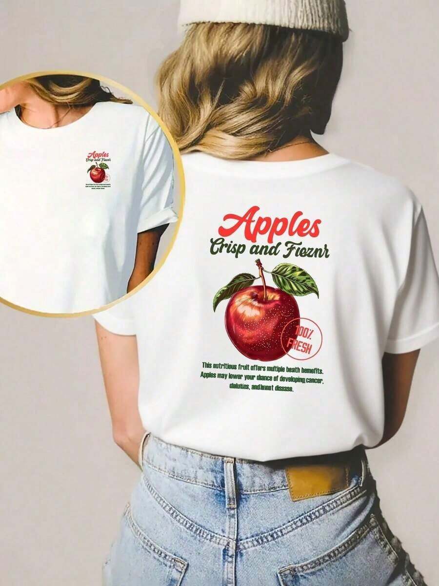 GiftCamiseta de cuello redondo para mujer con estampado de manzanas frescas, cómoda y a la moda, con mangas cortas y estampado a doble cara en el frente y en la espalda.Soft - Blanco - Ver 1
