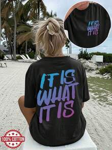 Gift Women's Blouses [Double-Sided Print] Women's Summer Casual Loose Fit Top With Gradient Graffiti Lettering 'IT IS WHAT' Print, Round Neck, Short Sleeve, Drop Shoulder, Oversized T-Shirt [1] Gym Y2k Round Neck 100% Cotton Soft Fabric Short Sleeve - 黑色 - 查看 7