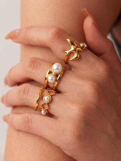 1Pc Elegant Faux Pearl Open Ring With Cubic Zirconia, Gold Bird Ring, Open Adjustable Stainless Steel Ring, Gold Ring, Women's Ring, Women's Accessories, Party Jewelry Fashion Accessories, Birthday Gift, Valentine's Day Gift