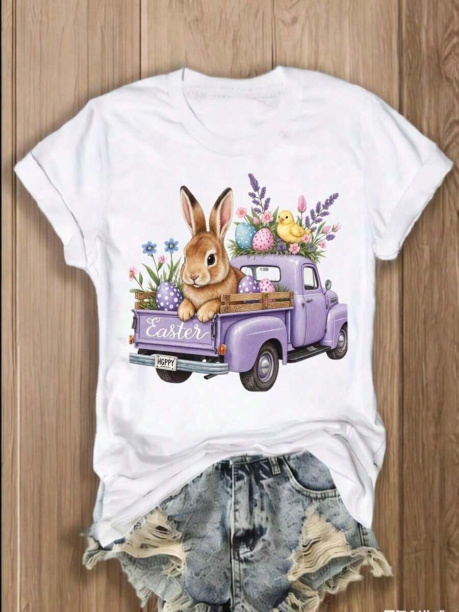 Women's Clothing Easter Bunny Print T-Shirt | Casual Round Neck, Short Sleeve, Stretch Fabric, Modern Design With Bow And Pink Polka Dots, Spring/Summer/Autumn Top, Comfortable Fit, Women's T-Shirt. - 白色 - 查看 1