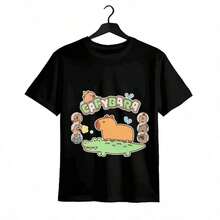 Tops para mujer Casual Linda de Algodón con Estampado Gráfico de Capibara y Cocodrilo, Negra, de Manga Corta y Cuello Redondo para Mujer - Negro - Ver 7