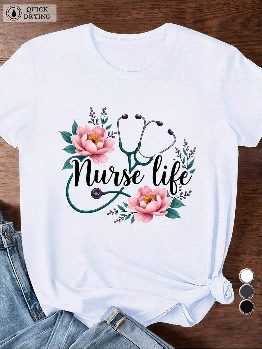 Oferta por tiempo limitado, compra limitada, flash oferta,blusas para dama casuales,poleras mujer,playeras de mujer>algodon,blusas>elegante,Camiseta deportiva de manga corta para mujer, estampado floral - Nurse Life - Blanco - Ver 1